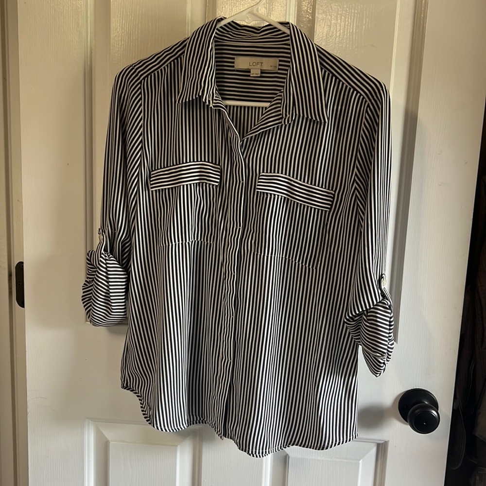 Loft navy and white striped button up blouse